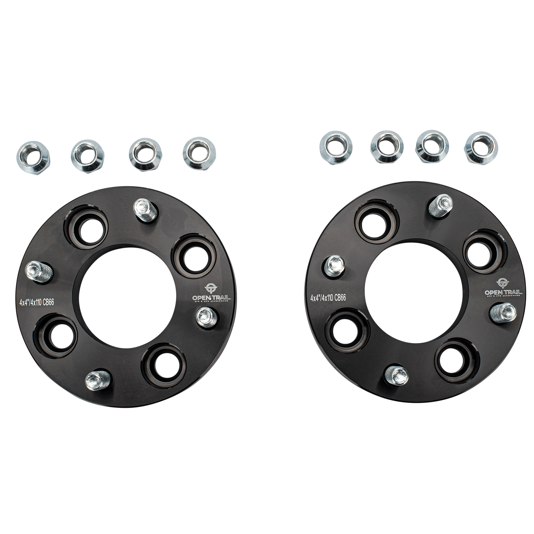A pair of black Open Trail Wheel Spacer Adapter 1 4/4 to 4/110 (12mm x 1.5mm), each with five bolt holes, plus ten lug nuts arranged above, all shown on a white background for enhanced traction and stability.