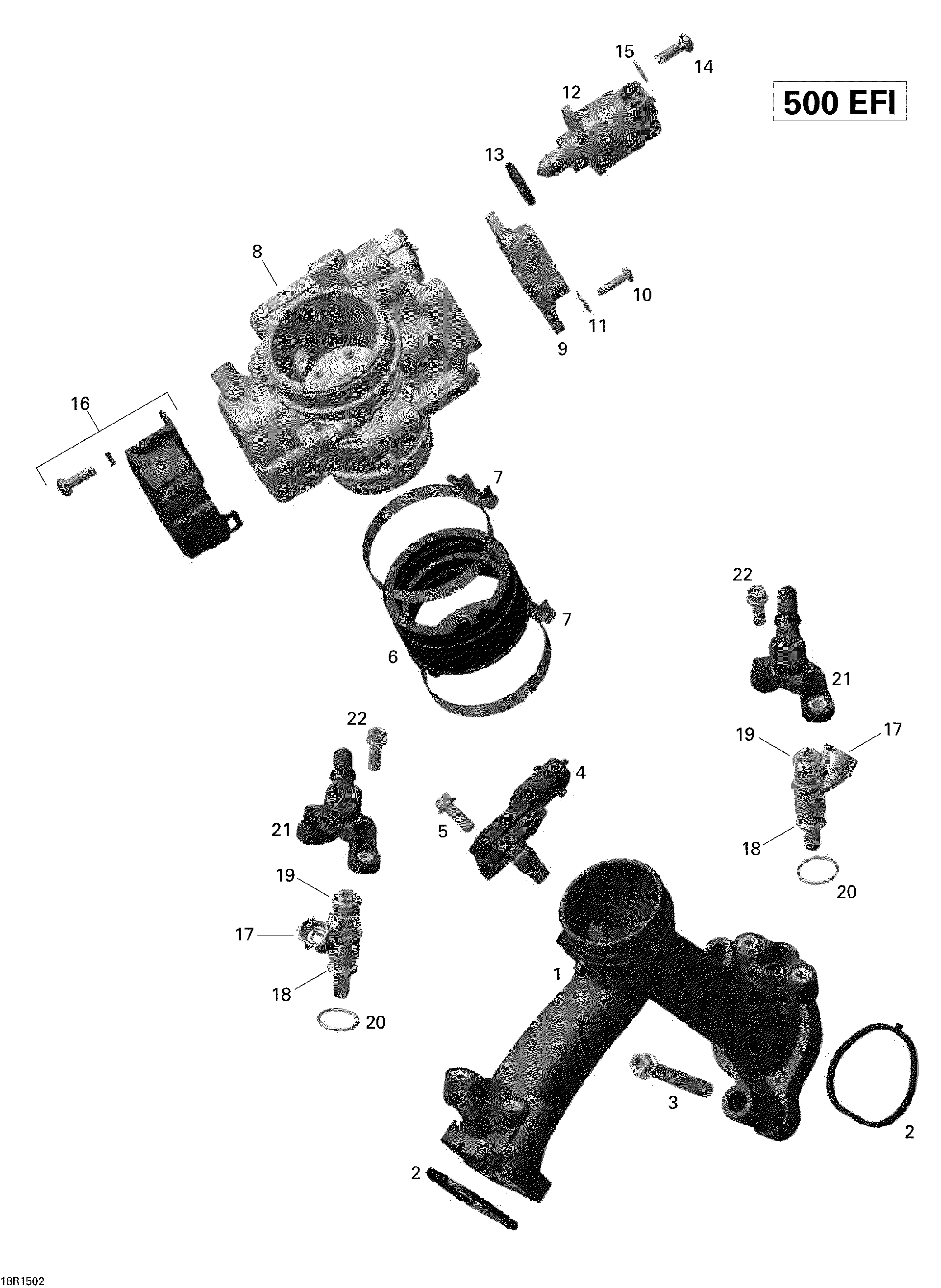An Image of a Genuine Can-Am Parts Schematic Diagram showing the schematic - AIR INTAKE MANIFOLD AND THROTTLE BODY OUTLANDER_18R1502