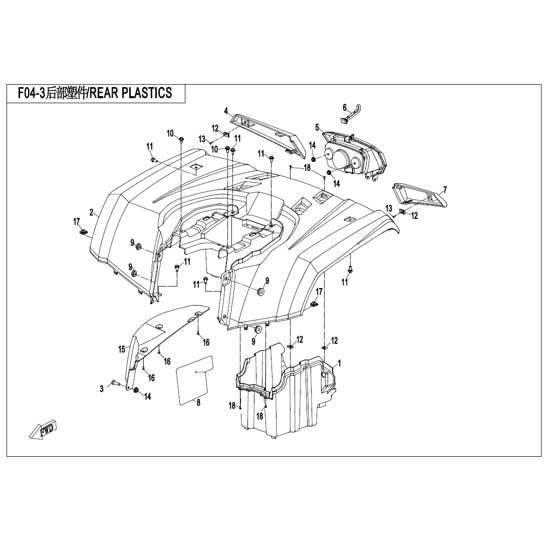 An Image of a genuine CFMOTO Parts Schematic Diagram showing the group - REAR PLASTICS - 2021 CFMOTO CFORCE 500 S