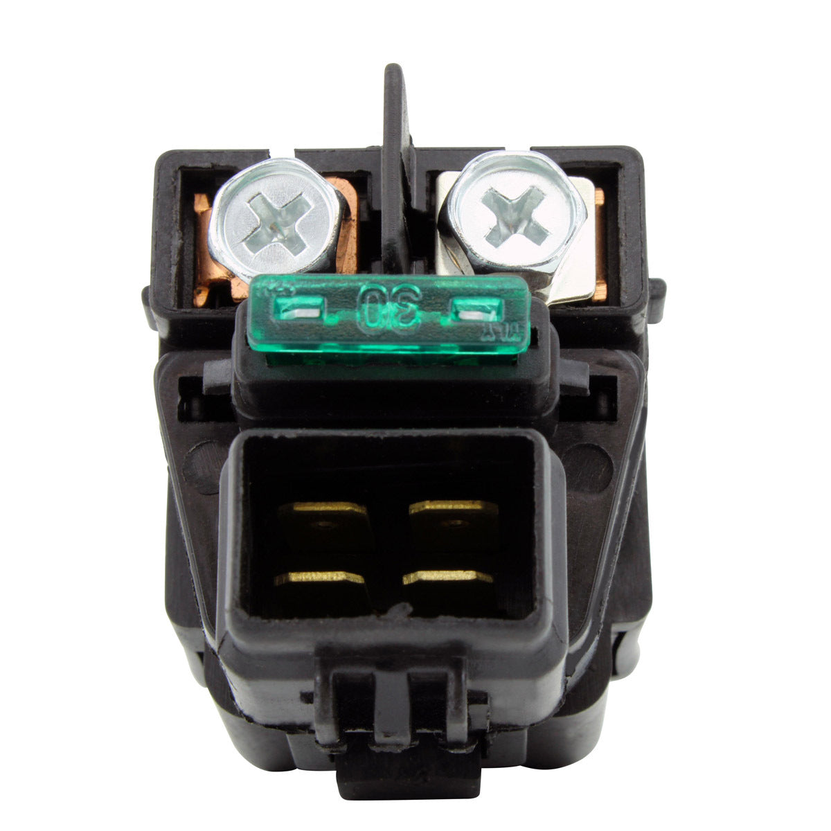 Black plastic starter relay solenoid with two silver screws and a green fuse on top, rectangular shape with electrical.