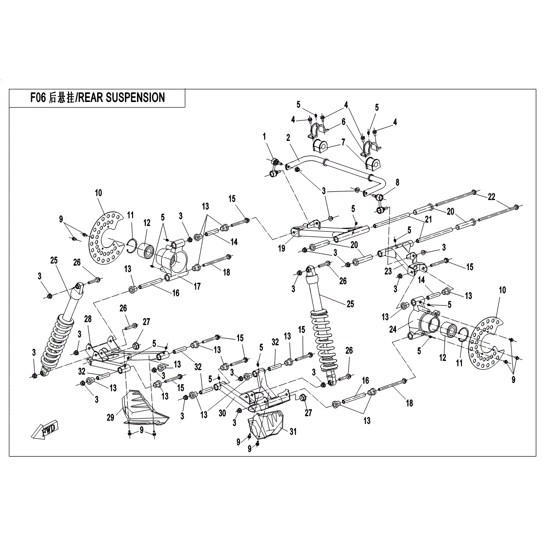 An Image of a Genuine CFMOTO Parts Schematic Diagram showing the schematic - REAR SUSPENSION - 2017 CFMOTO ZFORCE 500