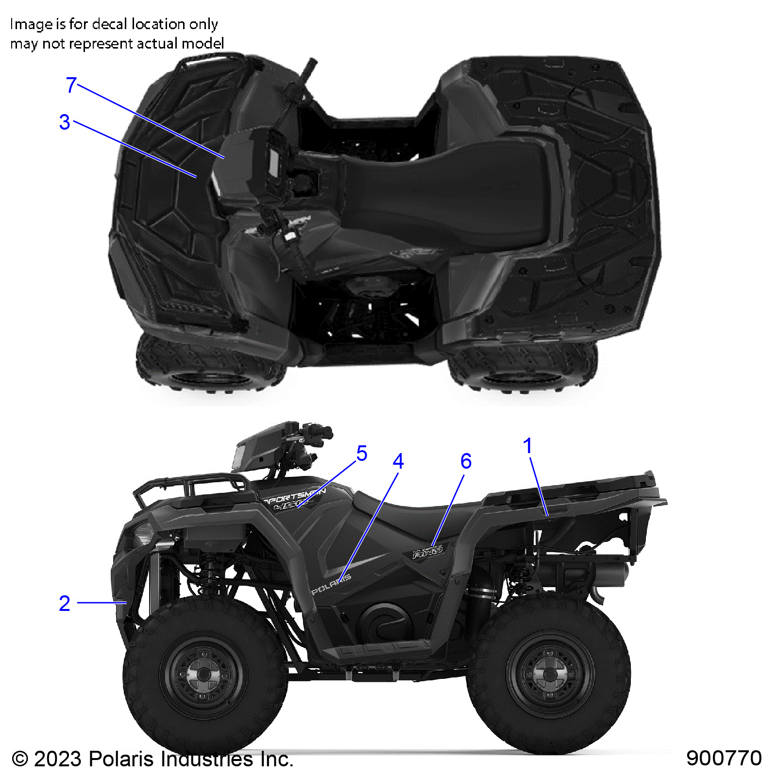 An Image of a Genuine Polaris Parts Schematic Diagram showing the schematic - BODY: DECALS GRAPHIC - 2024 POLARIS SPORTSMAN 450 HO EPS 50S