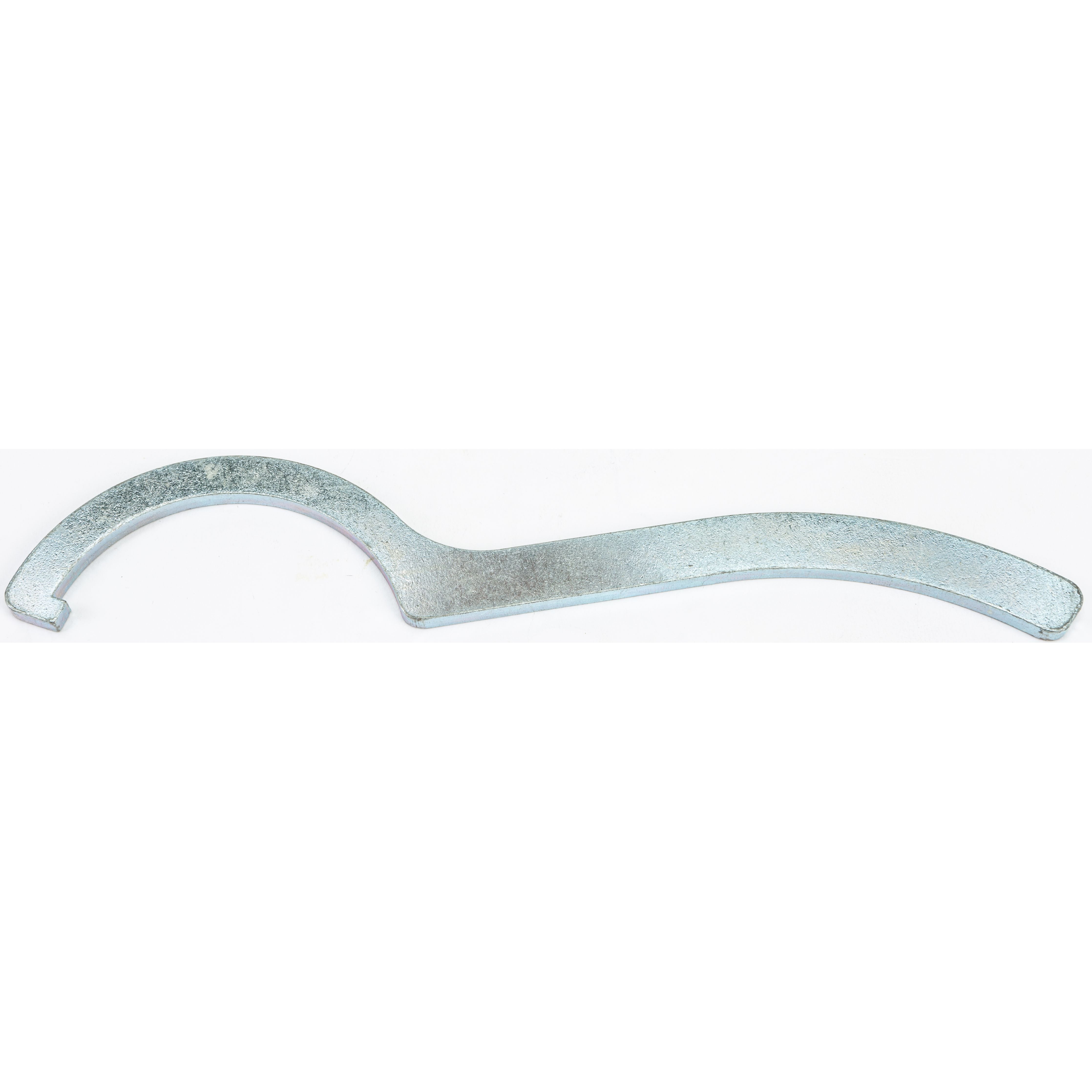 The Shock Spanner Wrench 3.20 by Fox is a flat, silver tool with an S-shaped form and a curved hook end, designed to adjust or tighten UTV shock fittings with slots. It features a smooth, simple finish for easy handling.