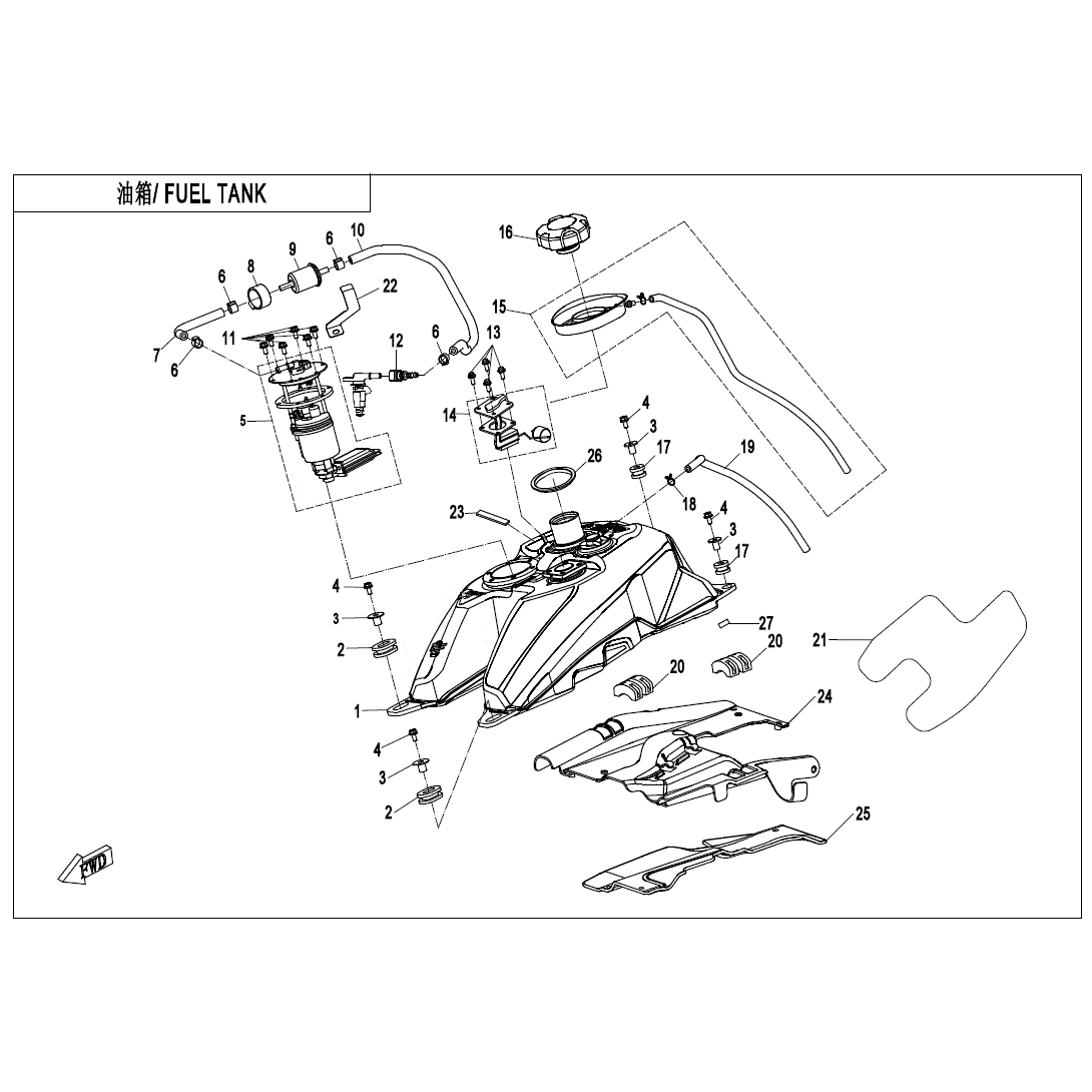 An Image of a genuine CFMOTO Parts Schematic Diagram showing the group - FUEL TANK - 2023 CFMOTO CFORCE 600 TOURING