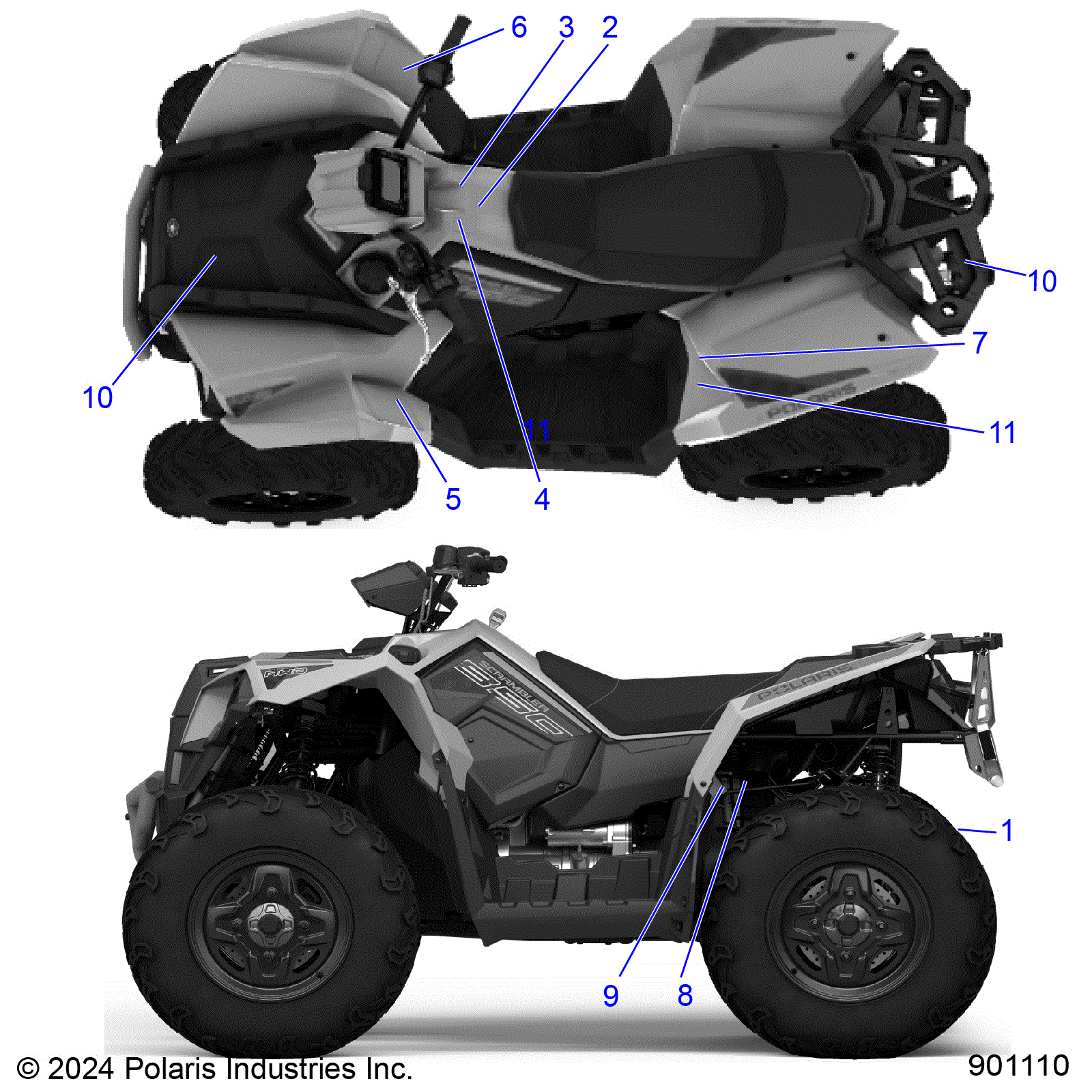 An Image of a Genuine Polaris Parts Schematic Diagram showing the schematic - BODY: DECALS GENERAL - 2026 POLARIS SCRAMBLER 850 48"