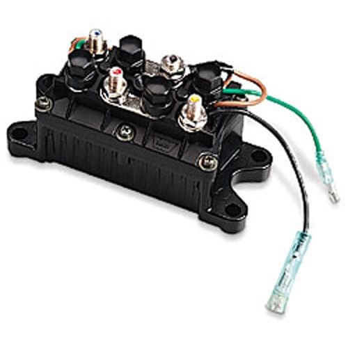 The Winch Replacement Contactor Snowinch 1.5 By Warn is a black electrical relay module with multiple terminals, wires, and connectors mounted on a base with screw holes for secure installation.
