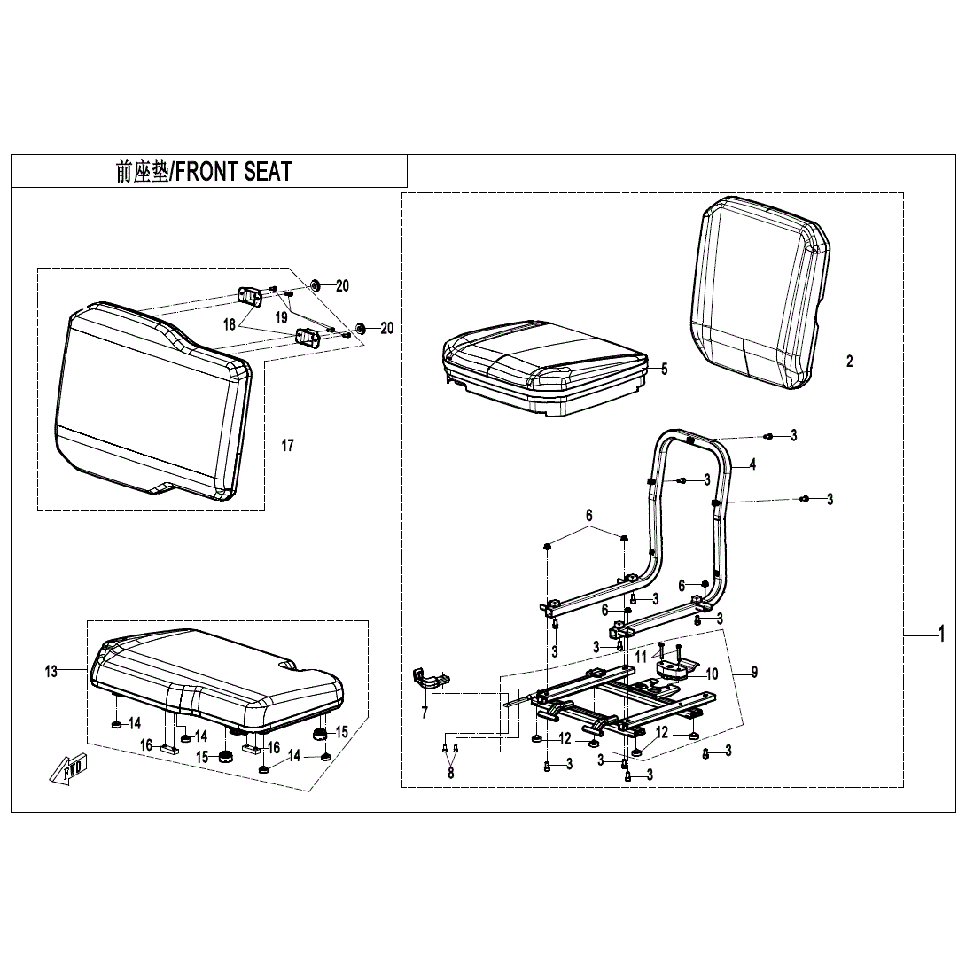 An Image of a Genuine CFMOTO Parts Schematic Diagram showing the schematic - FRONT SEAT - 2025 CFMOTO UFORCE 800 XL