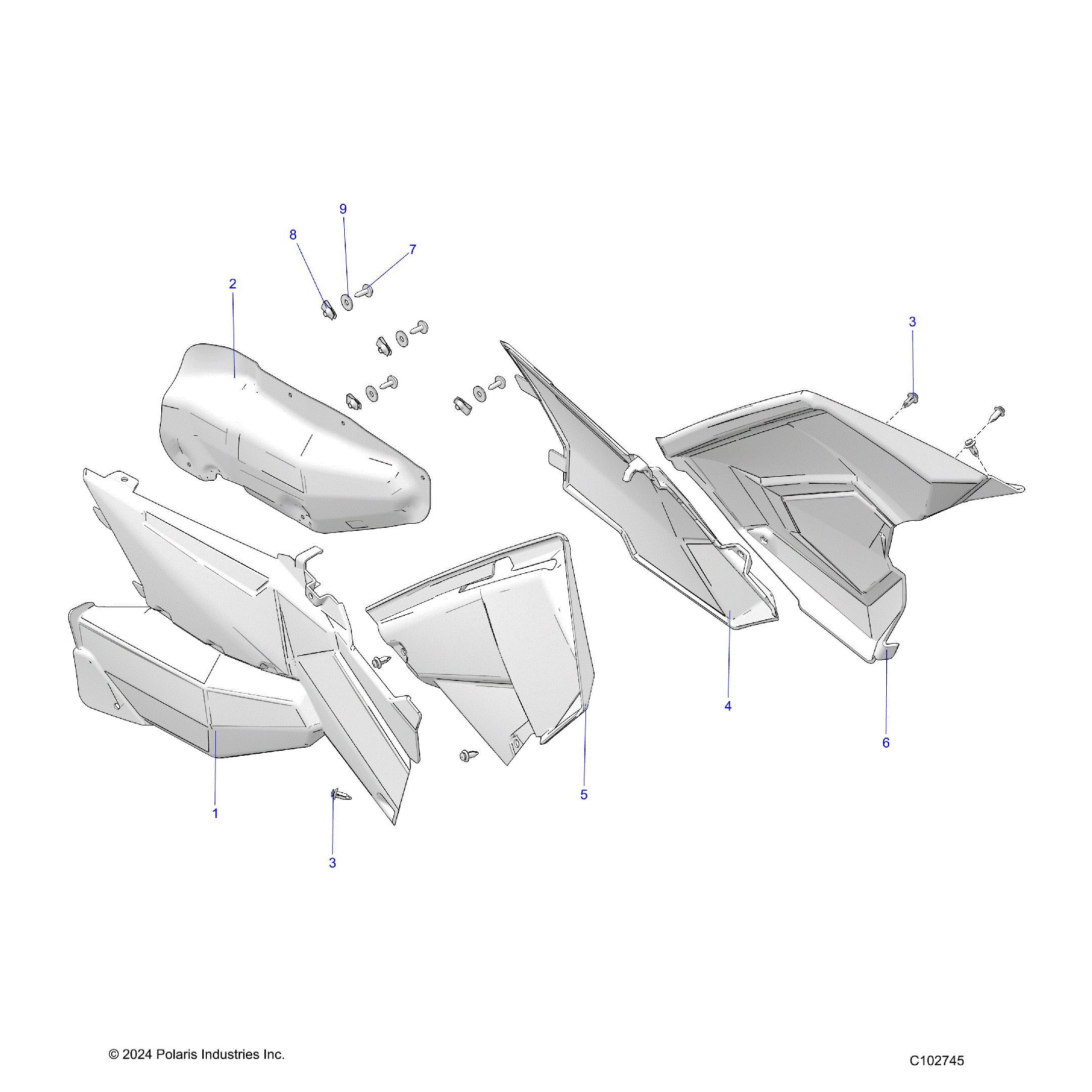 An Image of a Genuine Polaris Parts Schematic Diagram showing the schematic - BODY: SIDE PANELS - 2025 POLARIS SCRAMBLER 850 48"