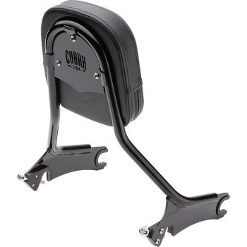The Backrest - Tall - Black by Cobra features a padded cushion, metal frame, and Cobra USA engraved on the back plate, offering comfortable passenger support when attached to your motorcycle.