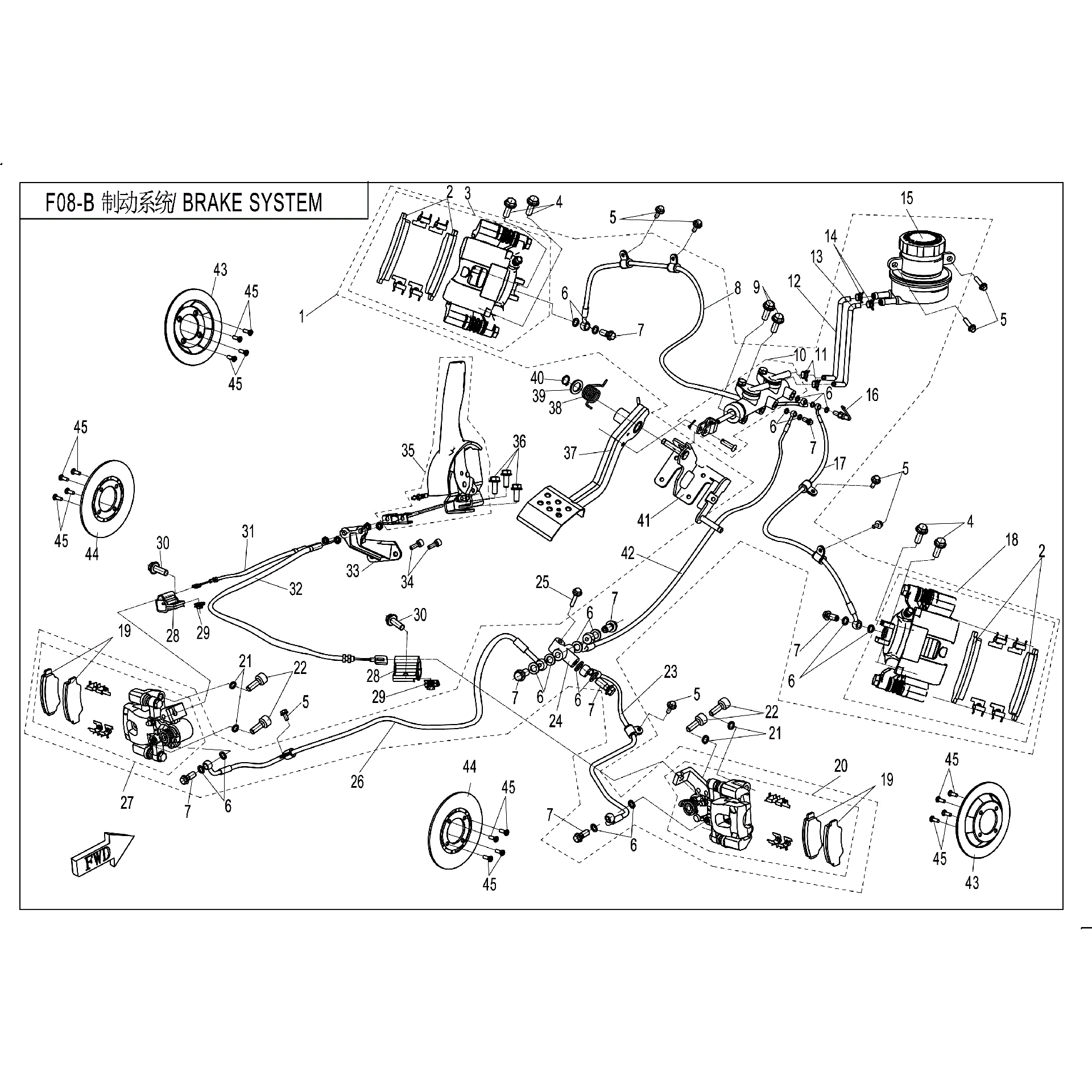 An Image of a Genuine CFMOTO Parts Schematic Diagram showing the schematic - BRAKE SYSTEM - 2018 CFMOTO UFORCE 800