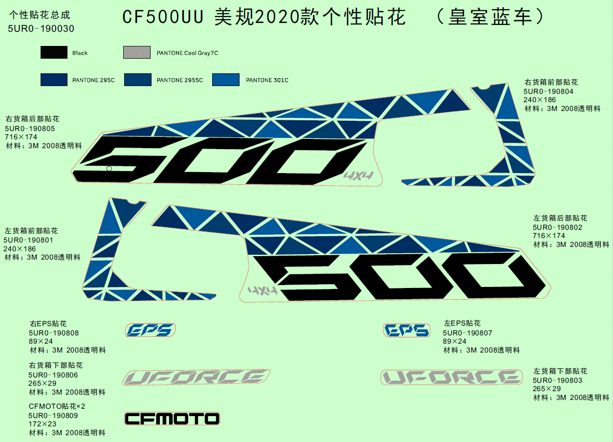 Two blue and black Rear LH Decal Cargo Box by CF Moto with dynamic patterns and UFORCE labels for CF500UU ATV, shown with Pantone colors and Chinese text on a light green background. Available at Witchdoctors.com.