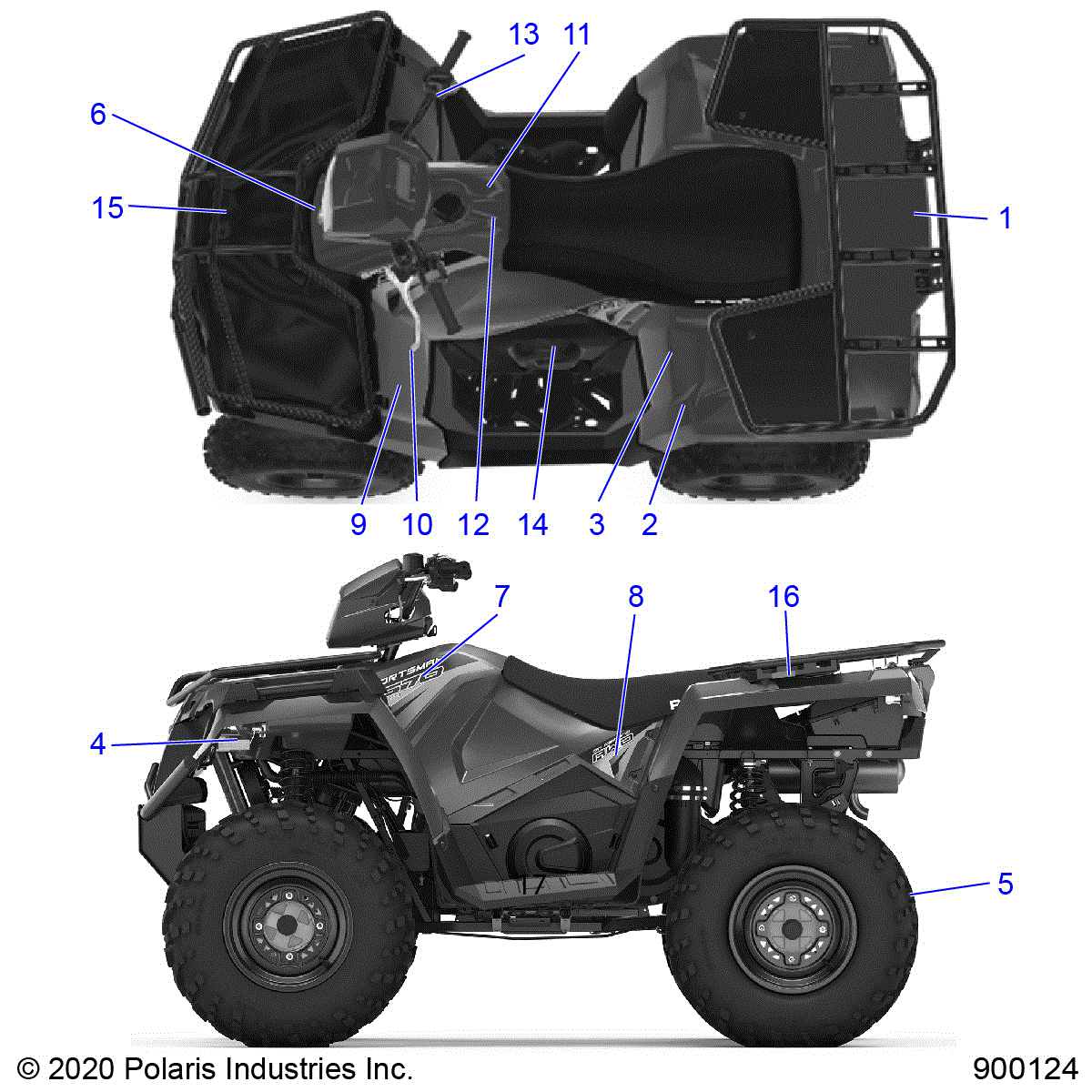 An Image of a Genuine Polaris Parts Schematic Diagram showing the schematic - BODY: DECALS - 2020 POLARIS SPORTSMAN 570 UTILITY