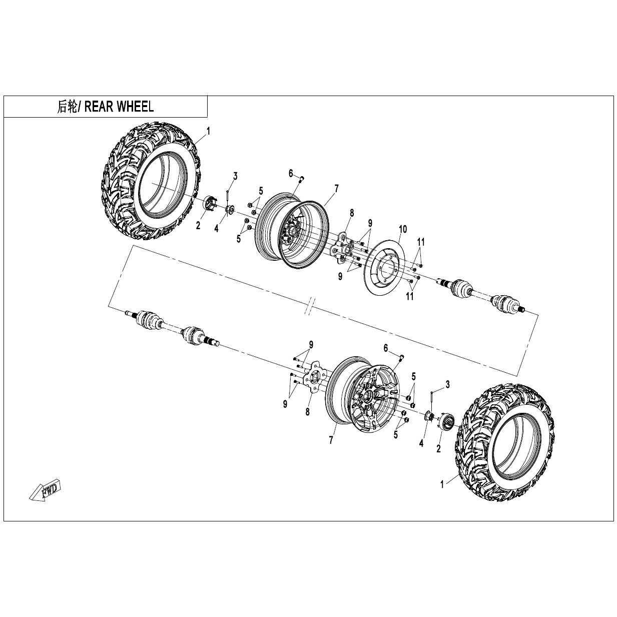 An Image of a genuine CFMOTO Parts Schematic Diagram showing the group - REAR WHEEL((STEEL)) - 2024 CFMOTO CFORCE 400 S
