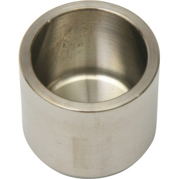 Silver cylindrical metal brake caliper piston with smooth inner and outer surfaces.