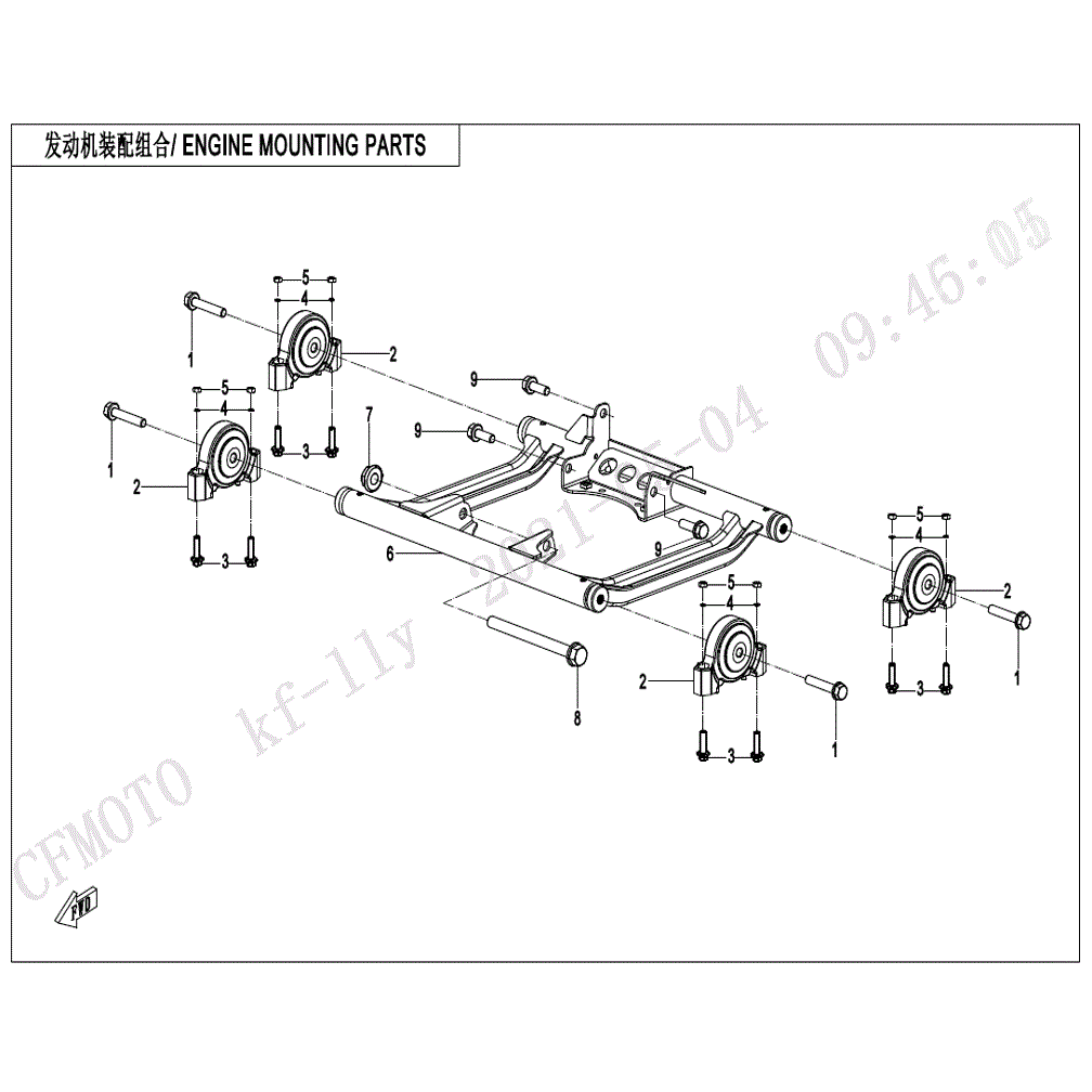 An Image of a Genuine CFMOTO Parts Schematic Diagram showing the schematic - ENGINE MOUNTING PARTS - 2022 CFMOTO UFORCE 600