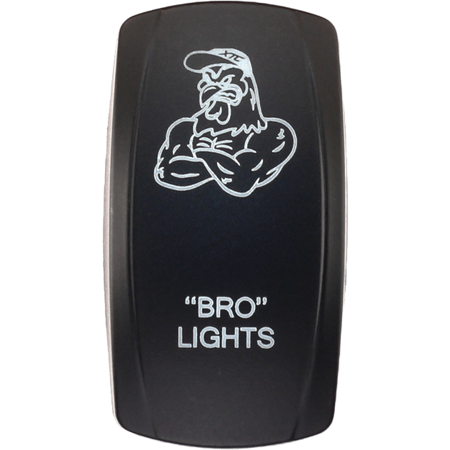 A black Dash Switch Rocker Face by XTC Power featuring a muscular rooster in a cap, arms crossed above “BRO LIGHTS” in white with quotation marks around “BRO”.
