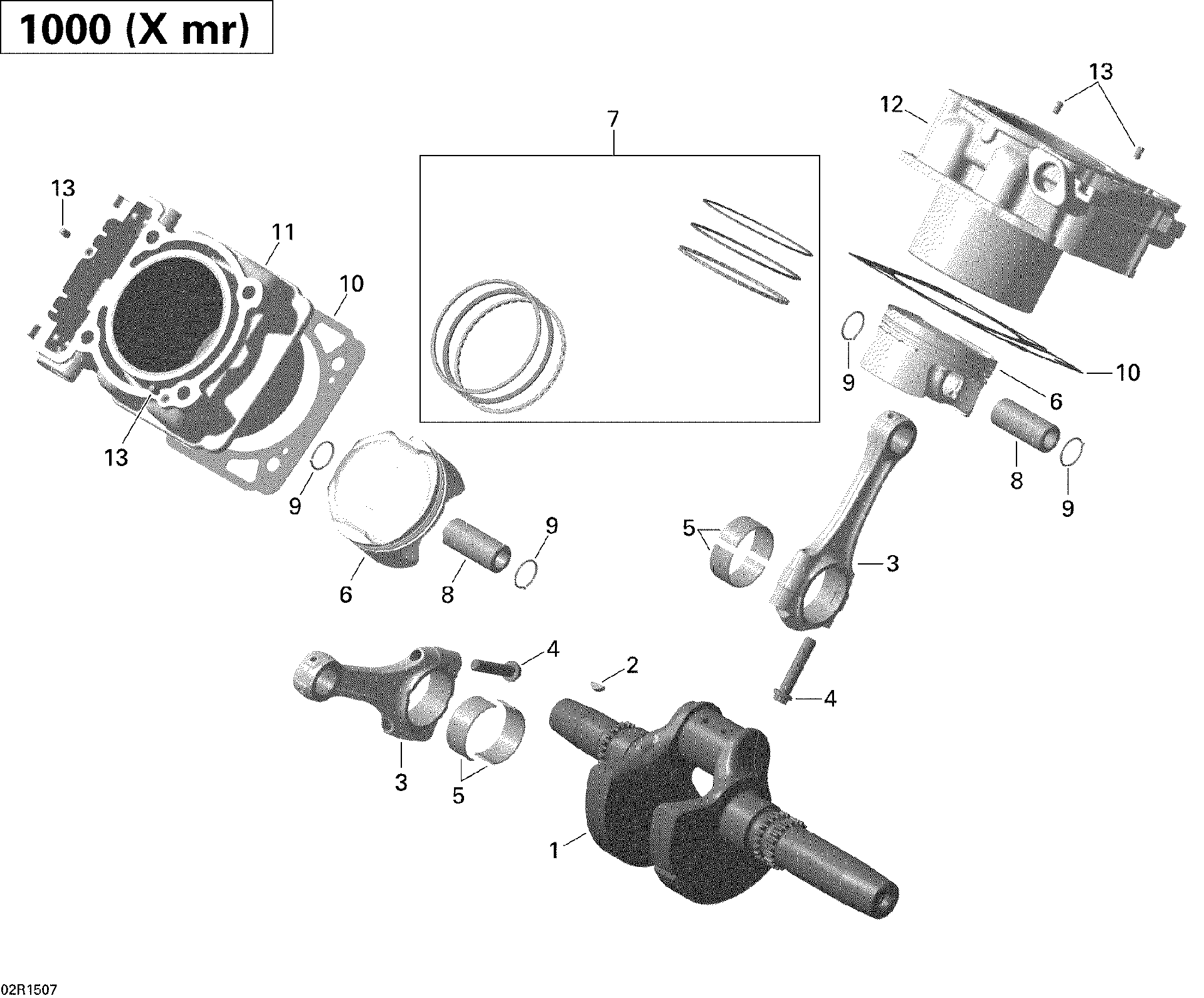 An Image of a Genuine Can-Am Parts Schematic Diagram showing the schematic - CRANKSHAFT PISTON AND CYLINDER _02R1507