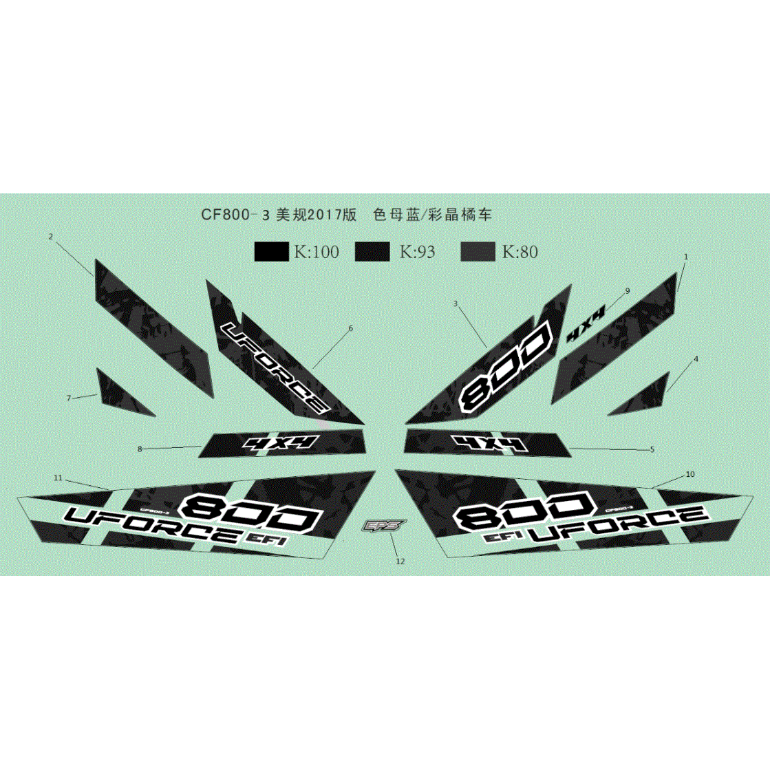 An Image of a Genuine CFMOTO Parts Schematic Diagram showing the schematic - 2017 USA BLUE COLOR/CRYSTAL ORANGE DECALS - 2017 CFMOTO UFORCE 800 EPS