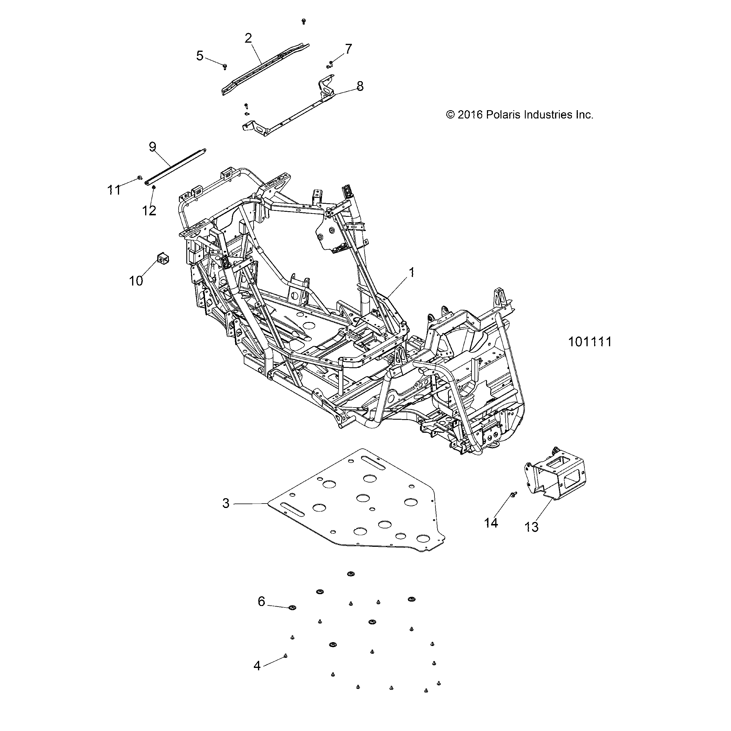 An Image of a Genuine Polaris Parts Schematic Diagram showing the schematic - CHASSIS: MAIN FRAME AND SKID PLATE - 2017 POLARIS ACE 900 EPS XC