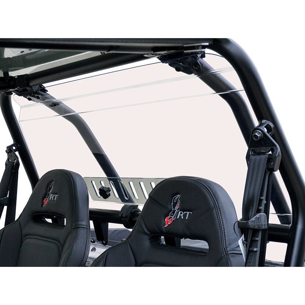 A Polaris RZR XP1000 2014-22 Vented Rear Windshield by Spike is mounted on a black roll cage behind two XPRT wolf head logo racing-style seats, boosting visibility and protection for off-roading.