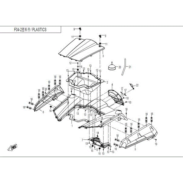 An Image of a Genuine CFMOTO Parts Schematic Diagram showing the schematic - PLASTIC PARTS(4) - 2016 CFMOTO ZFORCE 800 Trail