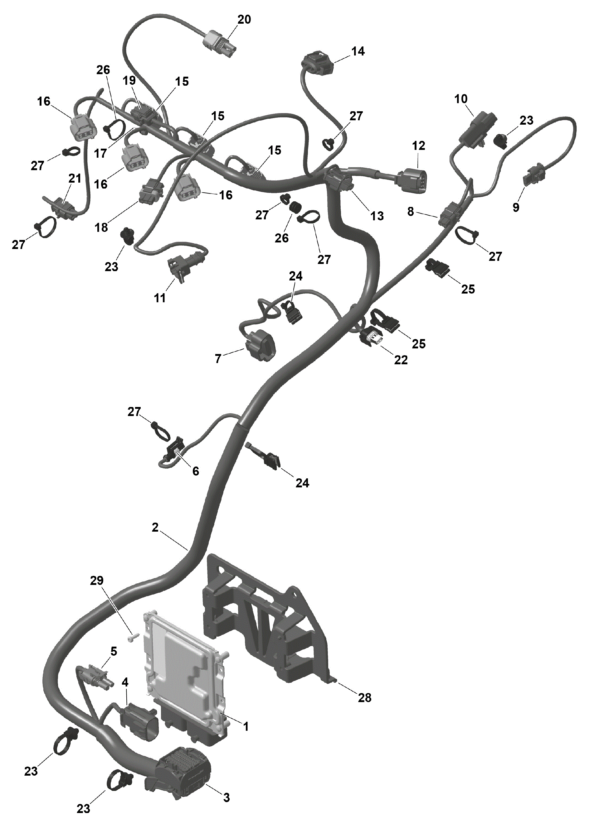 An Image of a Genuine Can-Am Parts Schematic Diagram showing the schematic - ROTAX - ENGINE HARNESS AND ELECTRONIC MODULE
