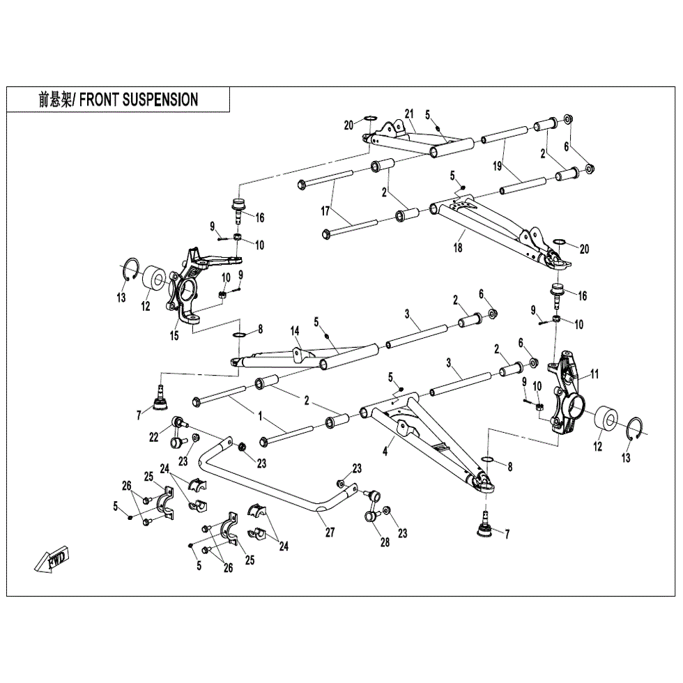 An Image of a Genuine CFMOTO Parts Schematic Diagram showing the schematic - FRONT SUSPENSION - 2022 CFMOTO ZFORCE 950 Sport