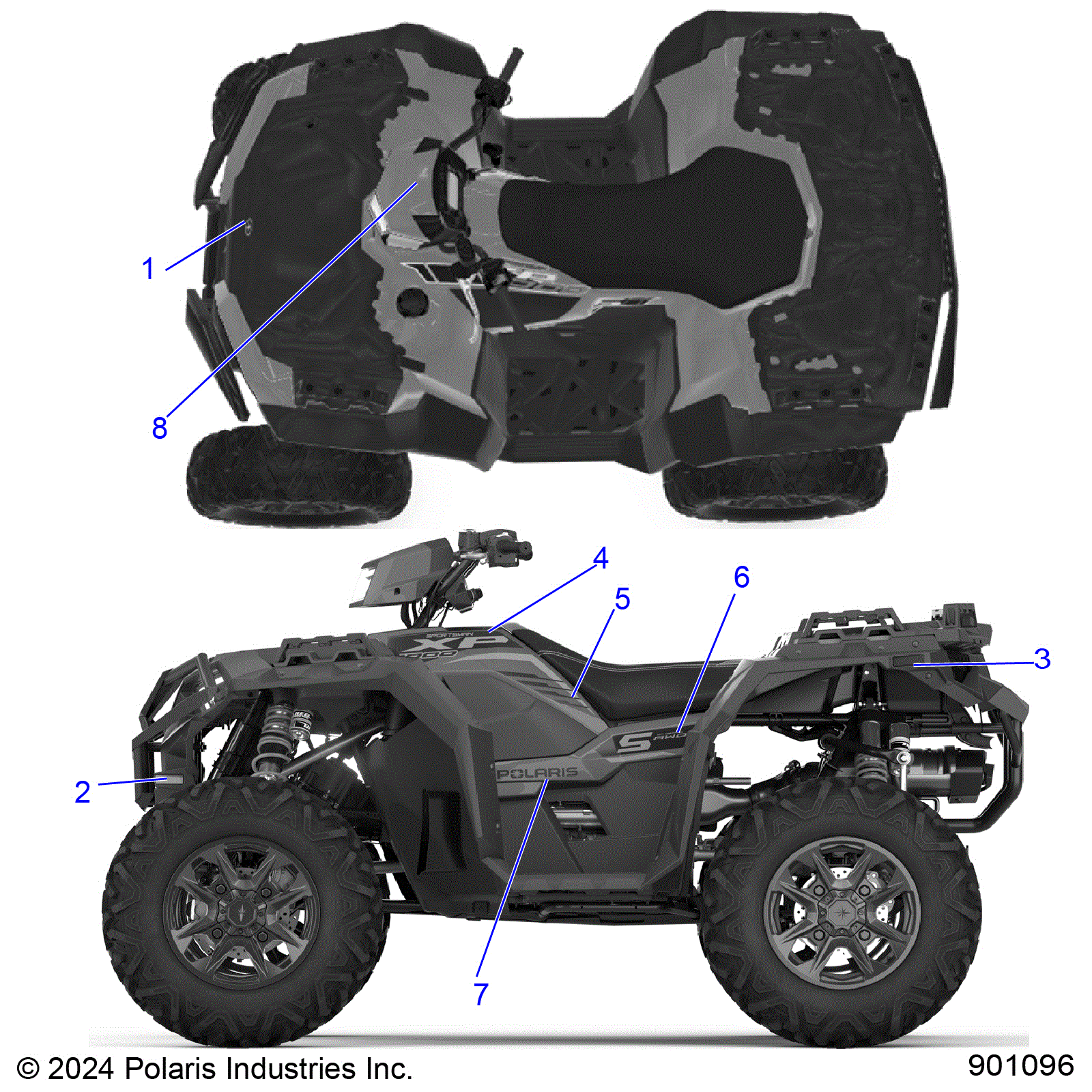 An Image of a Genuine Polaris Parts Schematic Diagram showing the schematic - BODY: DECALS GRAPHIC - 2026 POLARIS SPORTSMAN XP 1000 55"