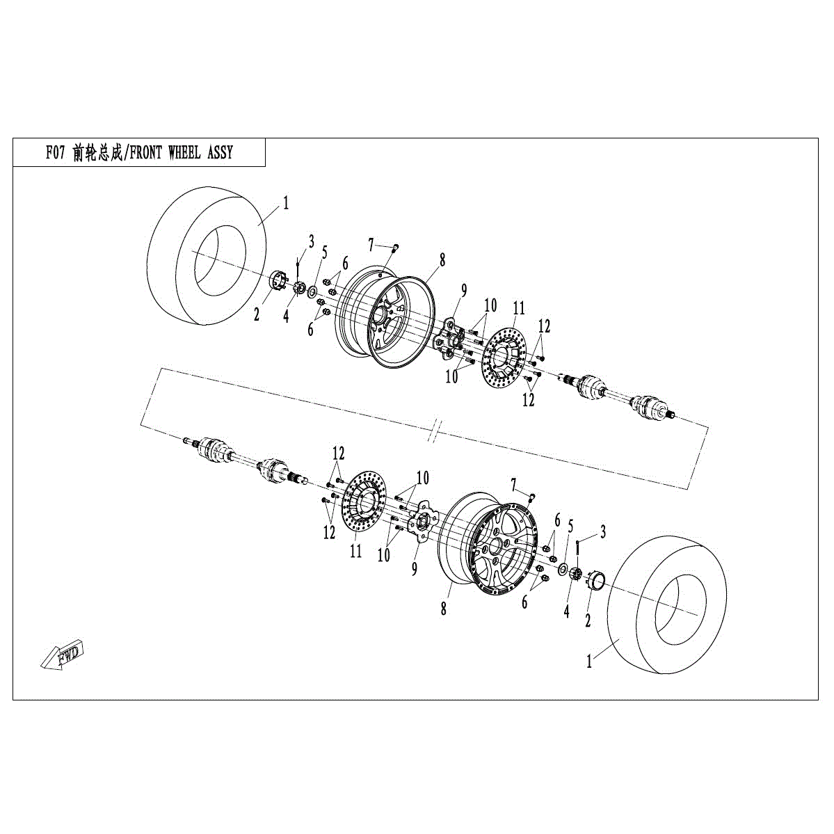 An Image of a Genuine CFMOTO Parts Schematic Diagram showing the schematic - FRONT WHEEL ASSY - 2017 CFMOTO ZFORCE 800 EX