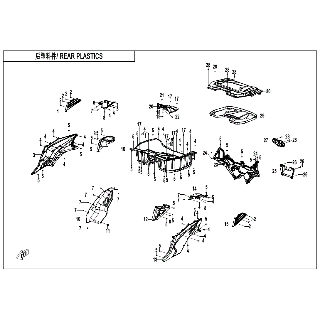 An Image of a Genuine CFMOTO Parts Schematic Diagram showing the schematic - REAR PLASTICS - 2024 CFMOTO ZFORCE 950 Trail