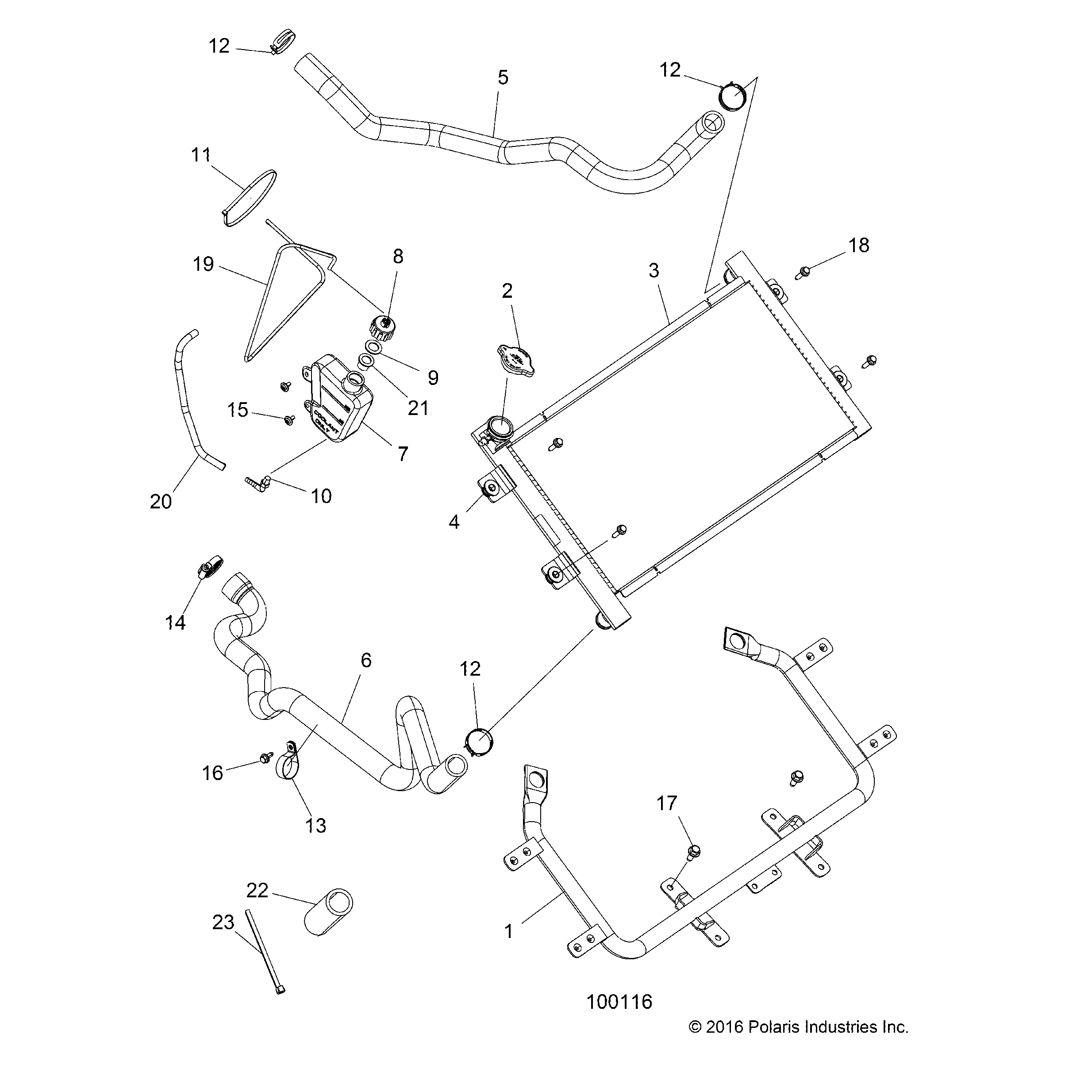 An Image of a Genuine Polaris Parts Schematic Diagram showing the schematic - ENGINE: COOLING SYSTEM RADIATOR - 2016 POLARIS SPORTSMAN 850 HIGH LIFTER