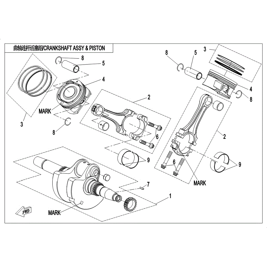 An Image of a Genuine CFMOTO Parts Schematic Diagram showing the schematic - CRANKSHAFT & CONNECTING ROD & PISTON ASSY - 2019 CFMOTO ZFORCE 1000