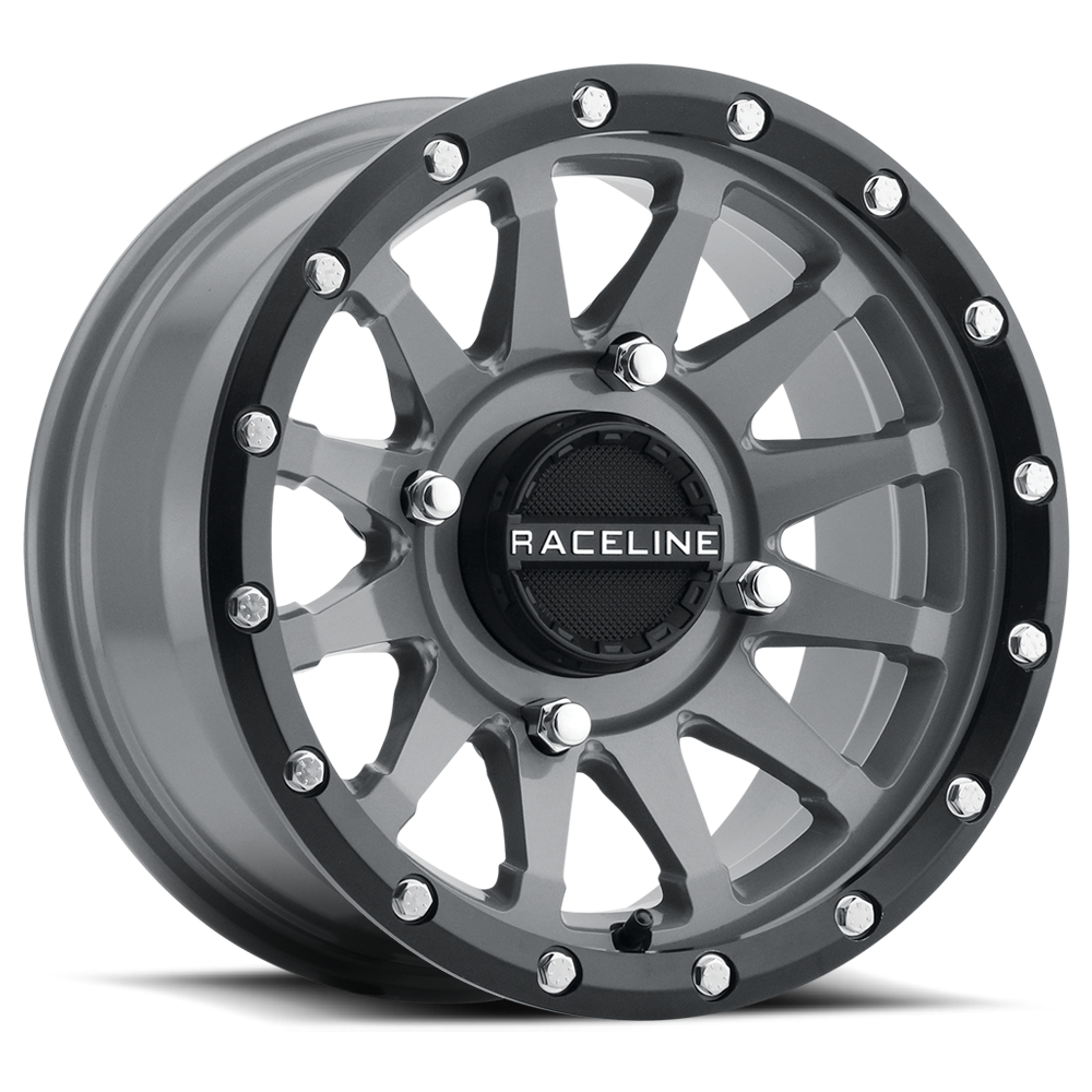 The ATV / UTV Trophy Wheel 14X7 4/110 5+2 (+10Mm) Stealth Grey by Raceline features a multi-spoke alloy design, visible bolt accents, and center RACELINE logo—ideal for UTVs needing heavy-duty aluminum strength.