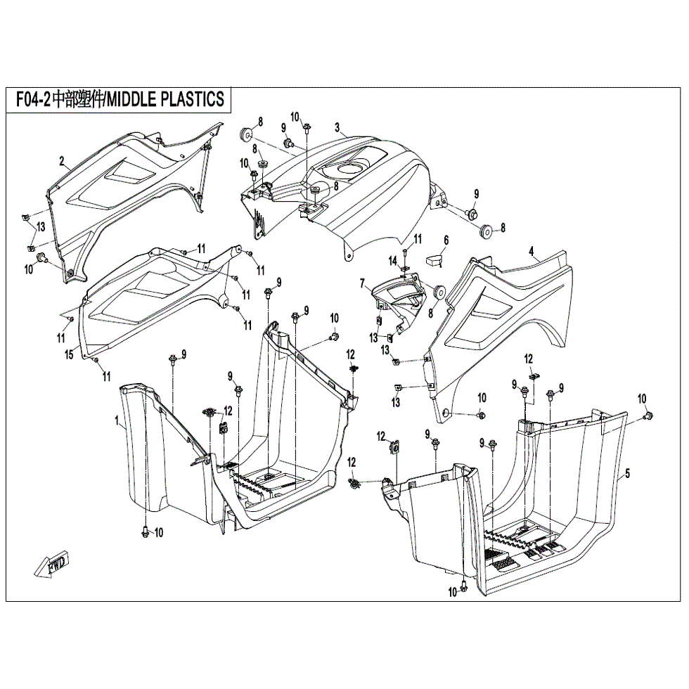 An Image of a genuine CFMOTO Parts Schematic Diagram showing the group - MIDDLE PLASTICS - 2022 CFMOTO CFORCE 500 S