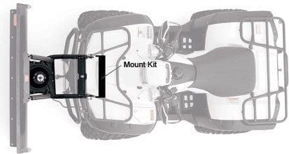 Top view diagram of a Polaris ATV with the Provantage Front Snow Plow Mounting Kit by Warn—powder coated for corrosion resistance—highlighted, while the rest of the ATV appears lighter for emphasis.