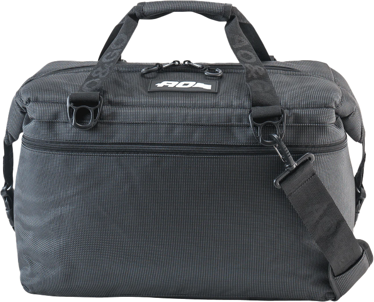 The 36 Pack Capacity Ballistic Black/Charcoal Cooler by AO Coolers features a durable ballistic exterior, two short handles, an adjustable shoulder strap with metal rings, a zipper closure, and a logo patch—perfect for outdoor adventures.
