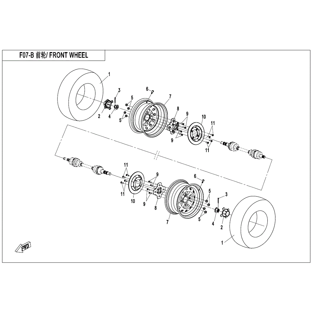 An Image of a Genuine CFMOTO Parts Schematic Diagram showing the schematic - FRONT WHEEL - 2020 CFMOTO ZFORCE 800 EX