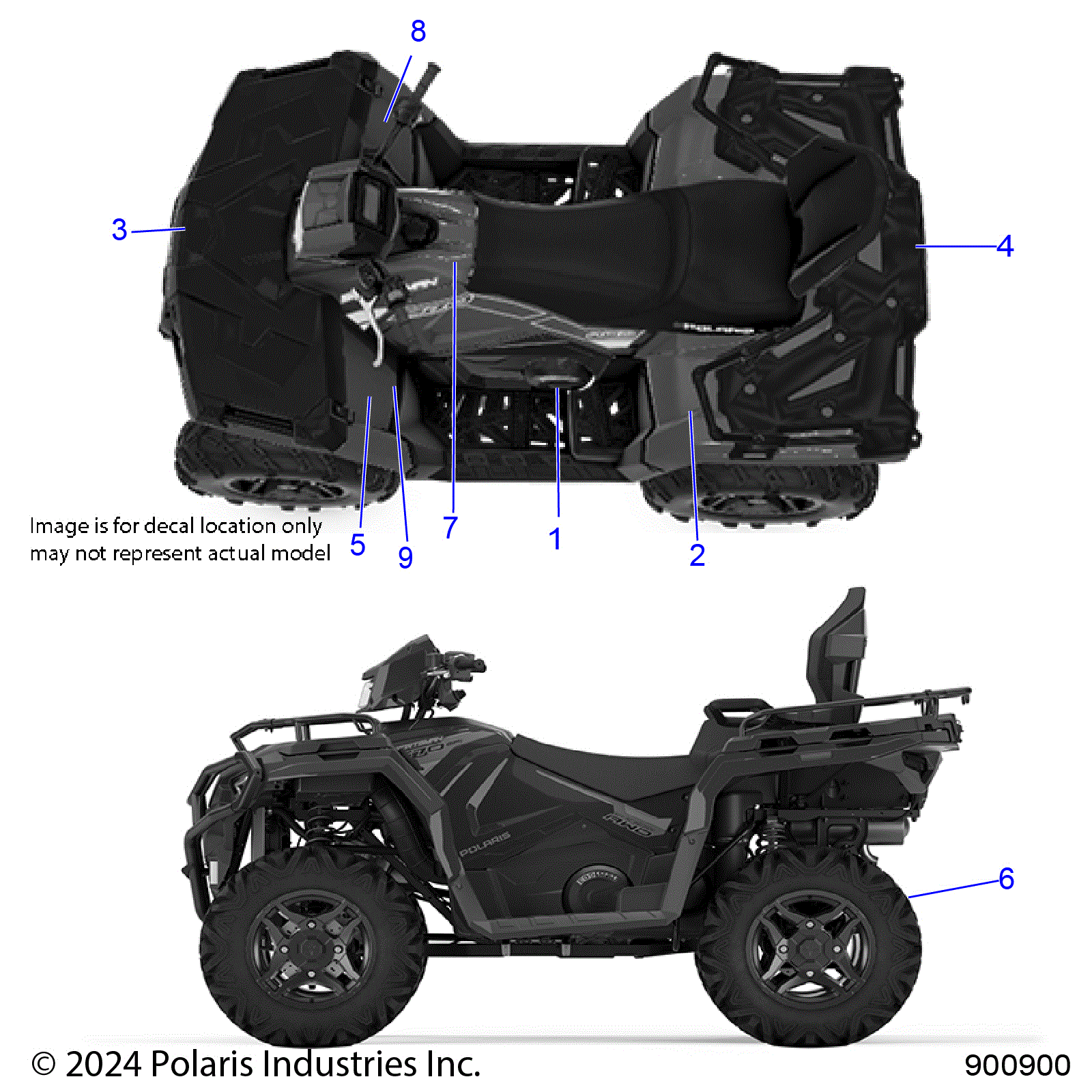 An Image of a Genuine Polaris Parts Schematic Diagram showing the schematic - BODY: DECALS STANDARD - 2025 POLARIS SPORTSMAN TOURING 570 ULTIMATE