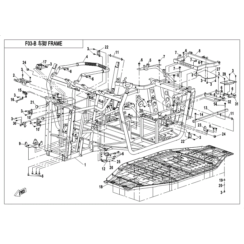 An Image of a Genuine CFMOTO Parts Schematic Diagram showing the schematic - FRAME - 2018 CFMOTO UFORCE 800