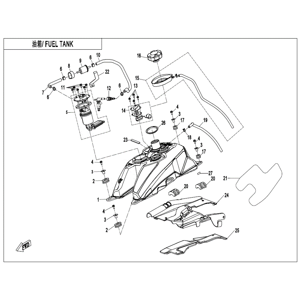 An Image of a genuine CFMOTO Parts Schematic Diagram showing the group - FUEL TANK - 2022 CFMOTO CFORCE 600