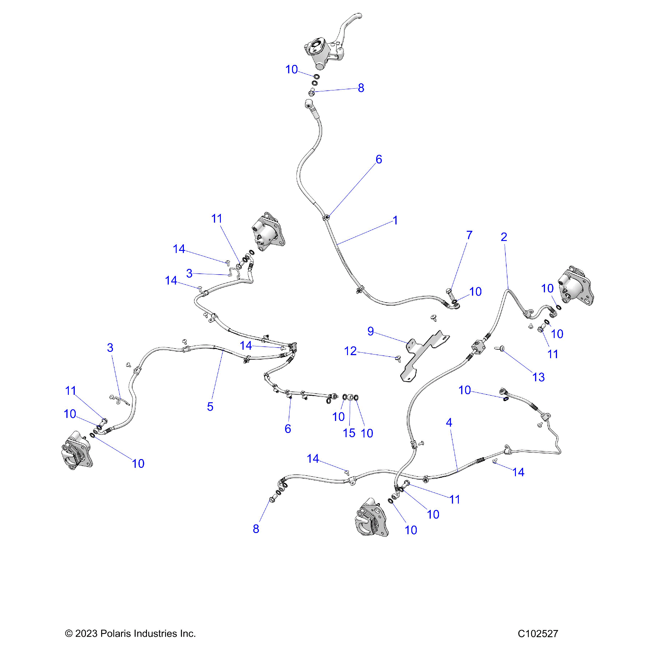 An Image of a Genuine Polaris Parts Schematic Diagram showing the schematic - BRAKES: BRAKE LINES - 2026 POLARIS SPORTSMAN 570 X2 EPS