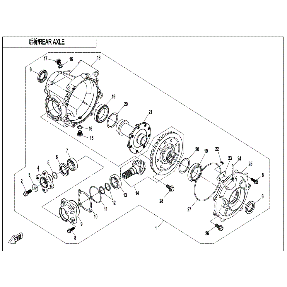 An Image of a Genuine CFMOTO Parts Schematic Diagram showing the schematic - REAR AXLE (WITHOUT DIFFERENTIAL) - 2022 CFMOTO ZFORCE 950 Sport