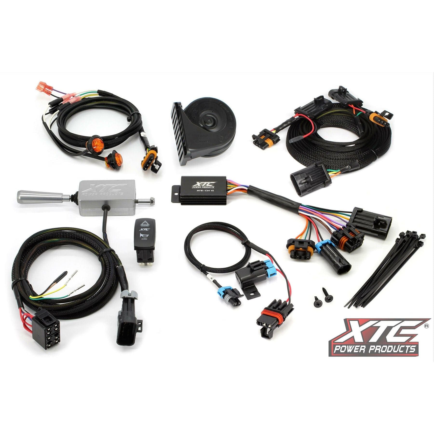 The Auto Turn Signal Kit W/Billet Column Lever Pol by XTC Power is displayed with wiring harnesses, connectors, modules, switches, zip ties, a billet turn lever, and a horn on a white background. The XTC Power Products logo is in the bottom right corner.
