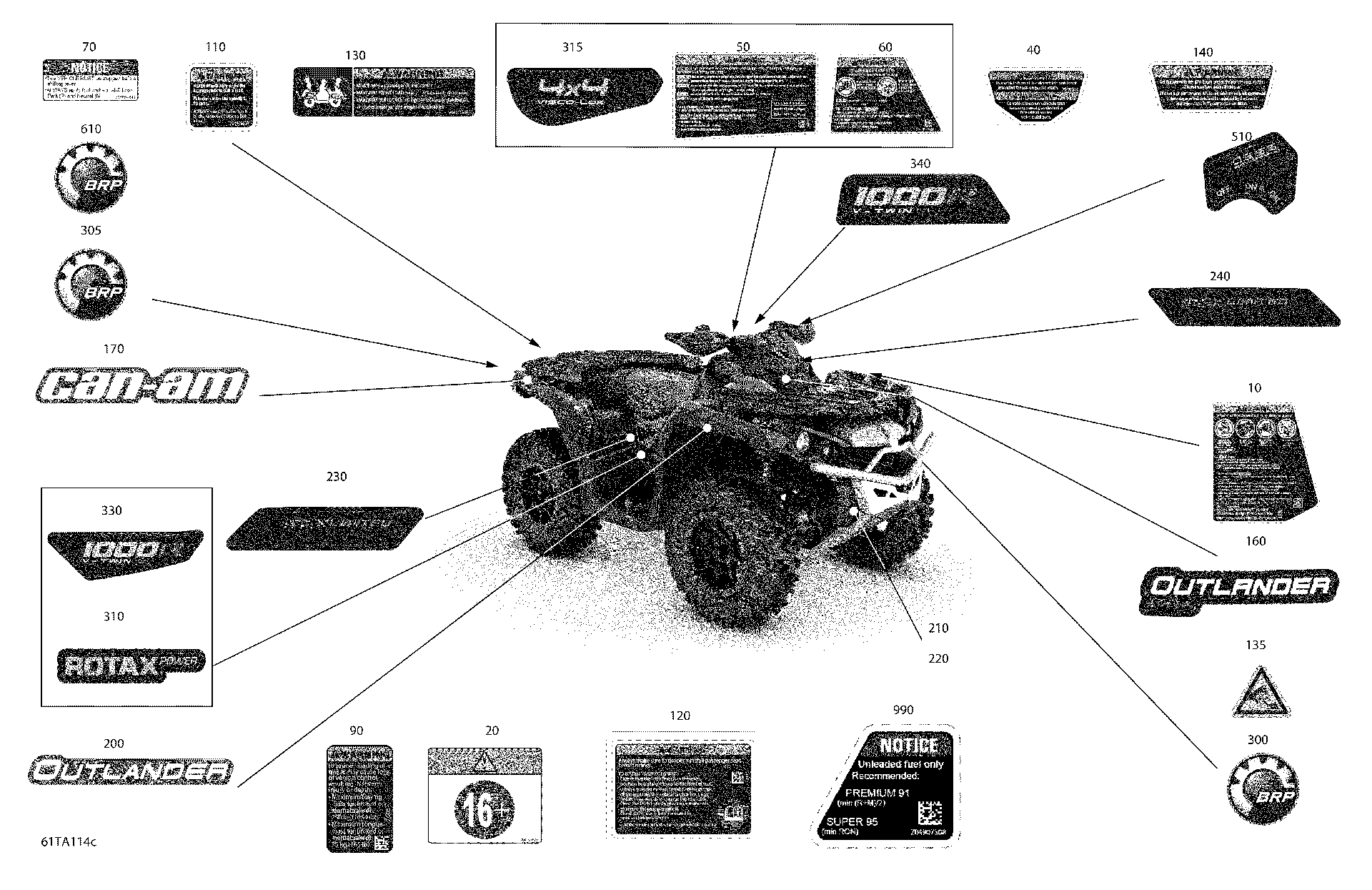 An Image of a Genuine Can-Am Parts Schematic Diagram showing the schematic - BODY - DECALS - LTD