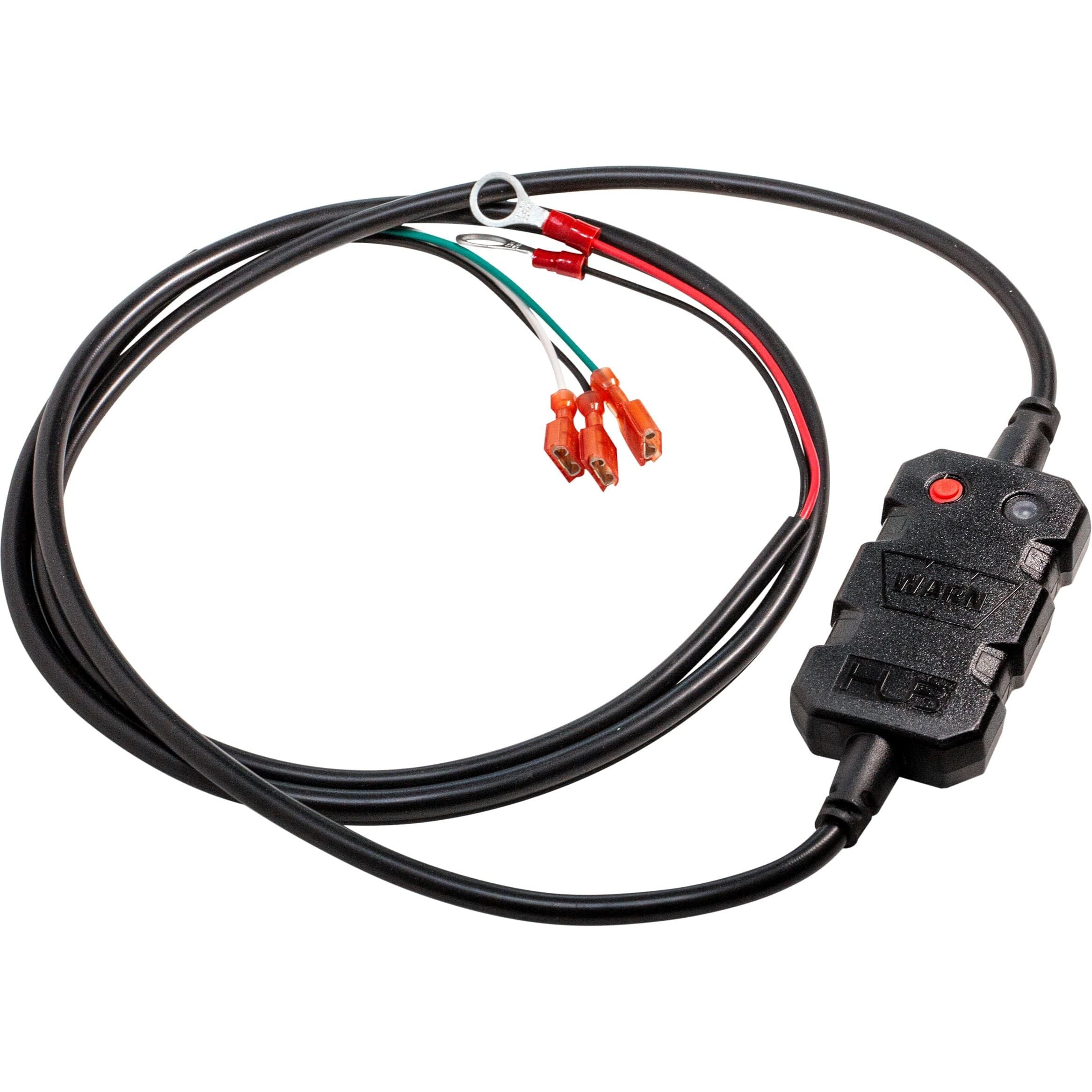 The Powersports Winch Hub Wireless Receiver Wiring Kit by Warn includes a black electronic harness with a control module, red and black buttons, and four colored wire leads ending in connectors.