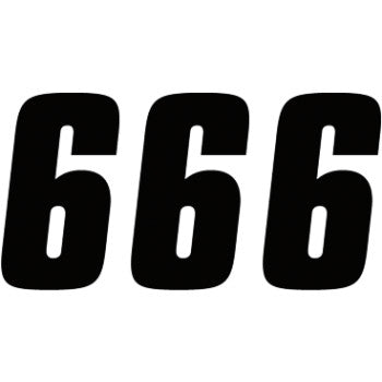 The image features the number 666 in a bold, black, rounded font on white, resembling FX Factory Number 6 Black 7 by Factory Effex—these high-gloss vinyl numbers are pressure washer resistant.