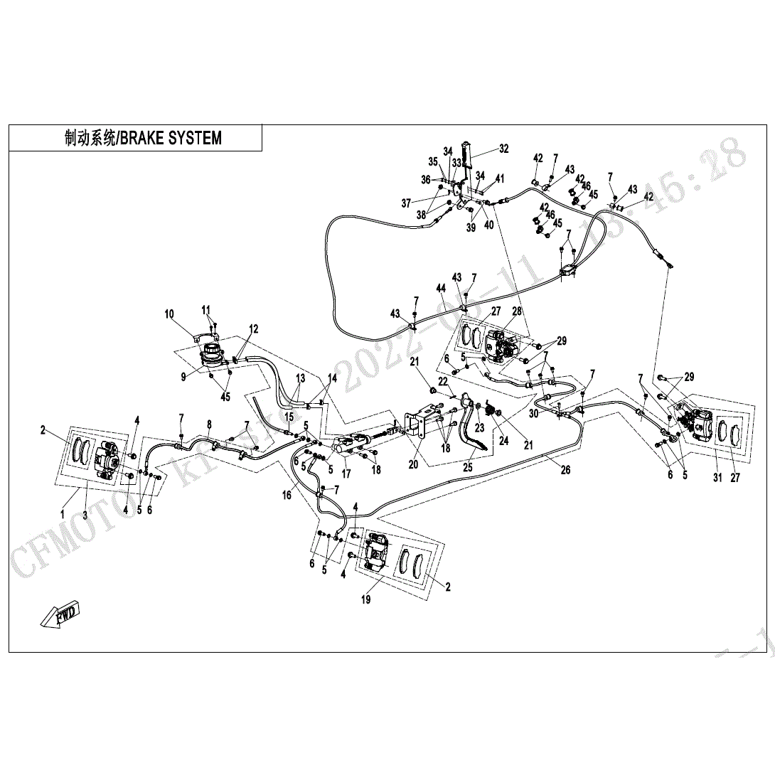 An Image of a Genuine CFMOTO Parts Schematic Diagram showing the schematic - BRAKE SYSTEM - 2023 CFMOTO UFORCE 600