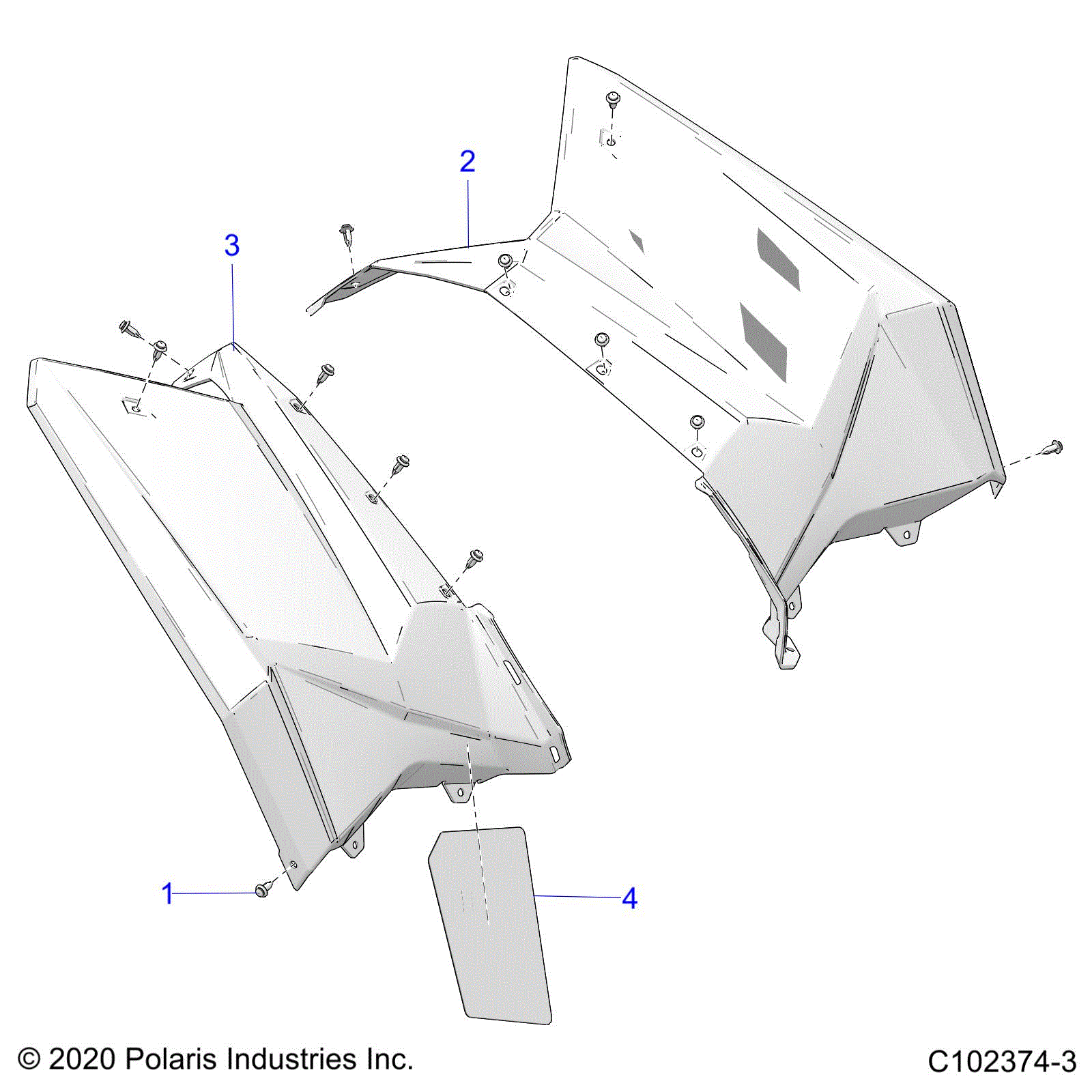 An Image of a Genuine Polaris Parts Schematic Diagram showing the schematic - BODY: REAR CAB - 2024 POLARIS SCRAMBLER 850 48"