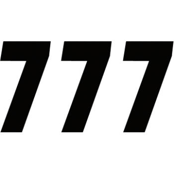 Large, bold black "7"s from the FX Factory Number 7 Black 7" by Factory Effex are shown side by side on a white background, each digit slightly slanted right and crafted from high-gloss vinyl for a superior fit and finish.