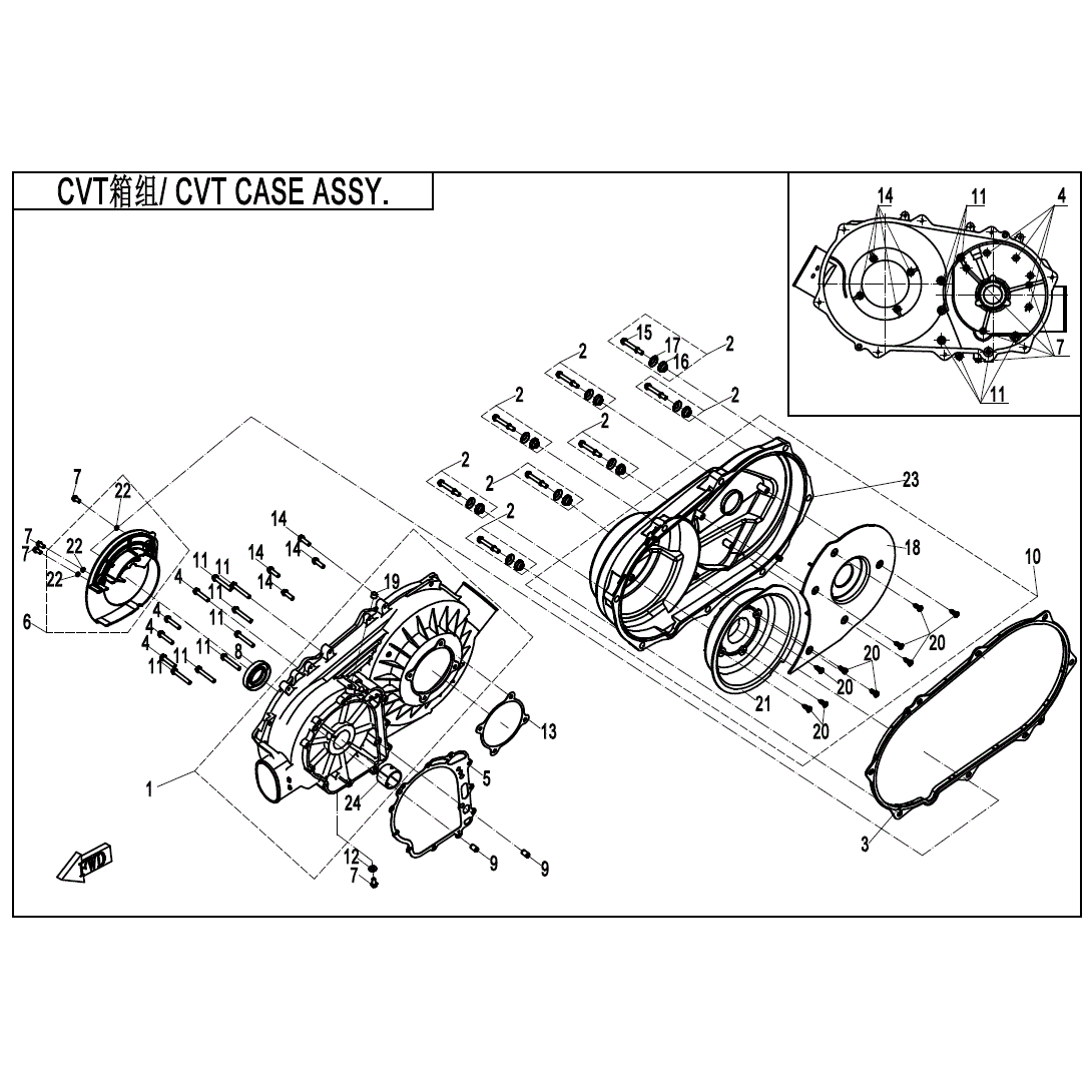 An Image of a genuine CFMOTO Parts Schematic Diagram showing the group - CVT CASE ASSY. - 2020 CFMOTO CFORCE 400